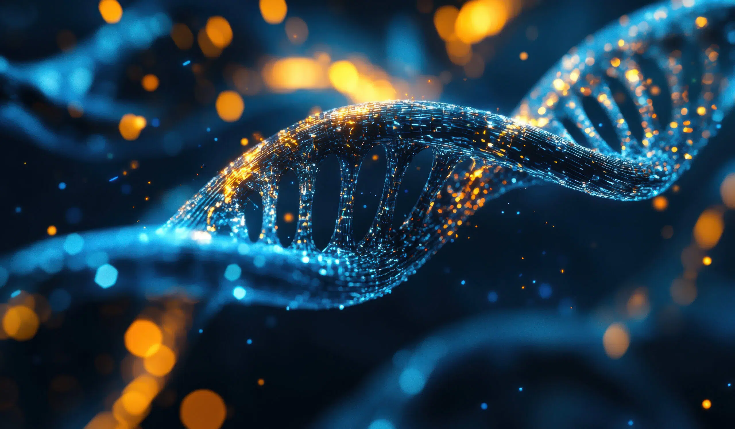 Elegant DNA strands twist amid sparkling particles, symbolizing advances in genetics and molecular biology—a captivating image
