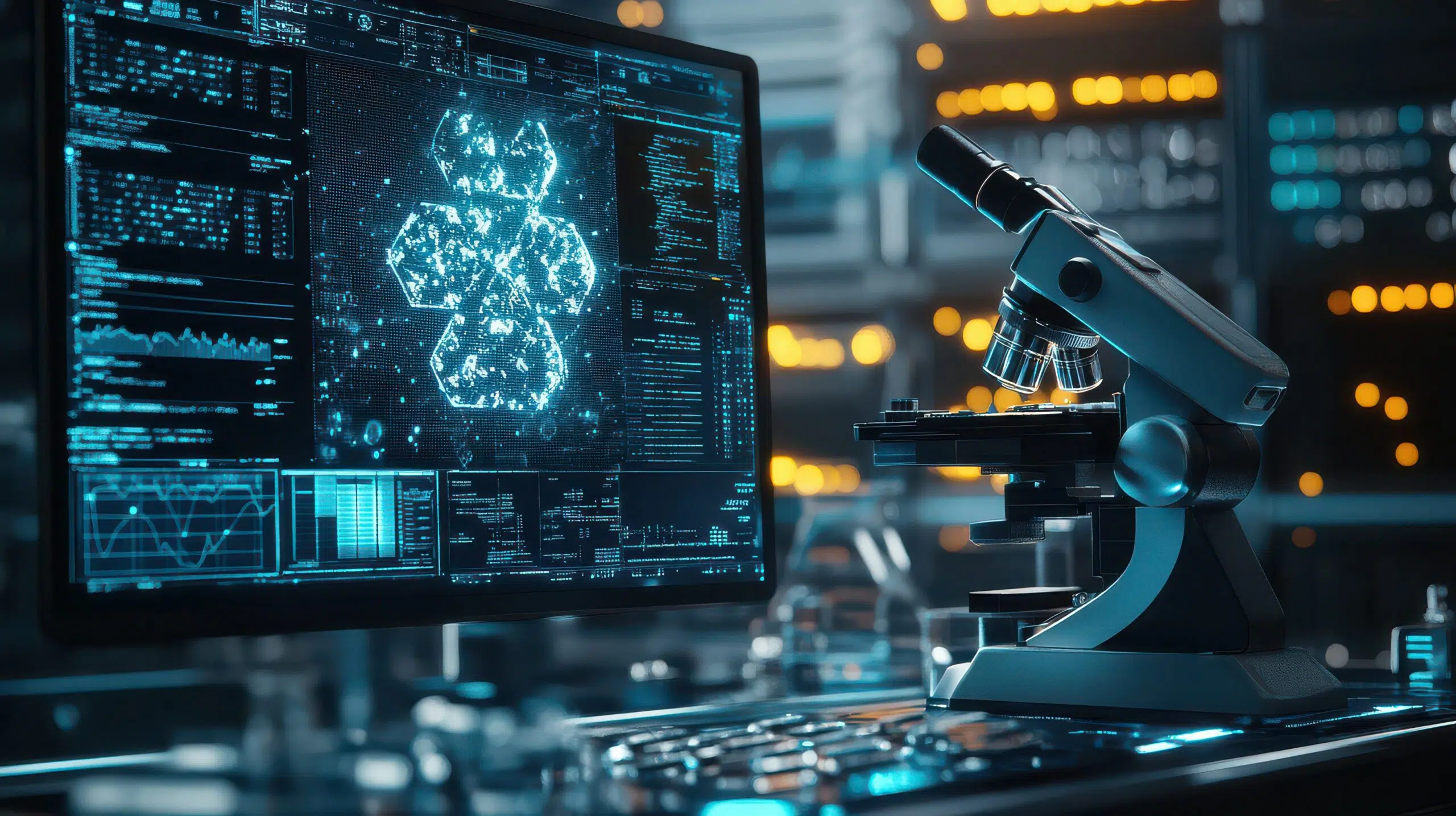 Futuristic Laboratory Microscope and Data Analysis on Computer Screen.